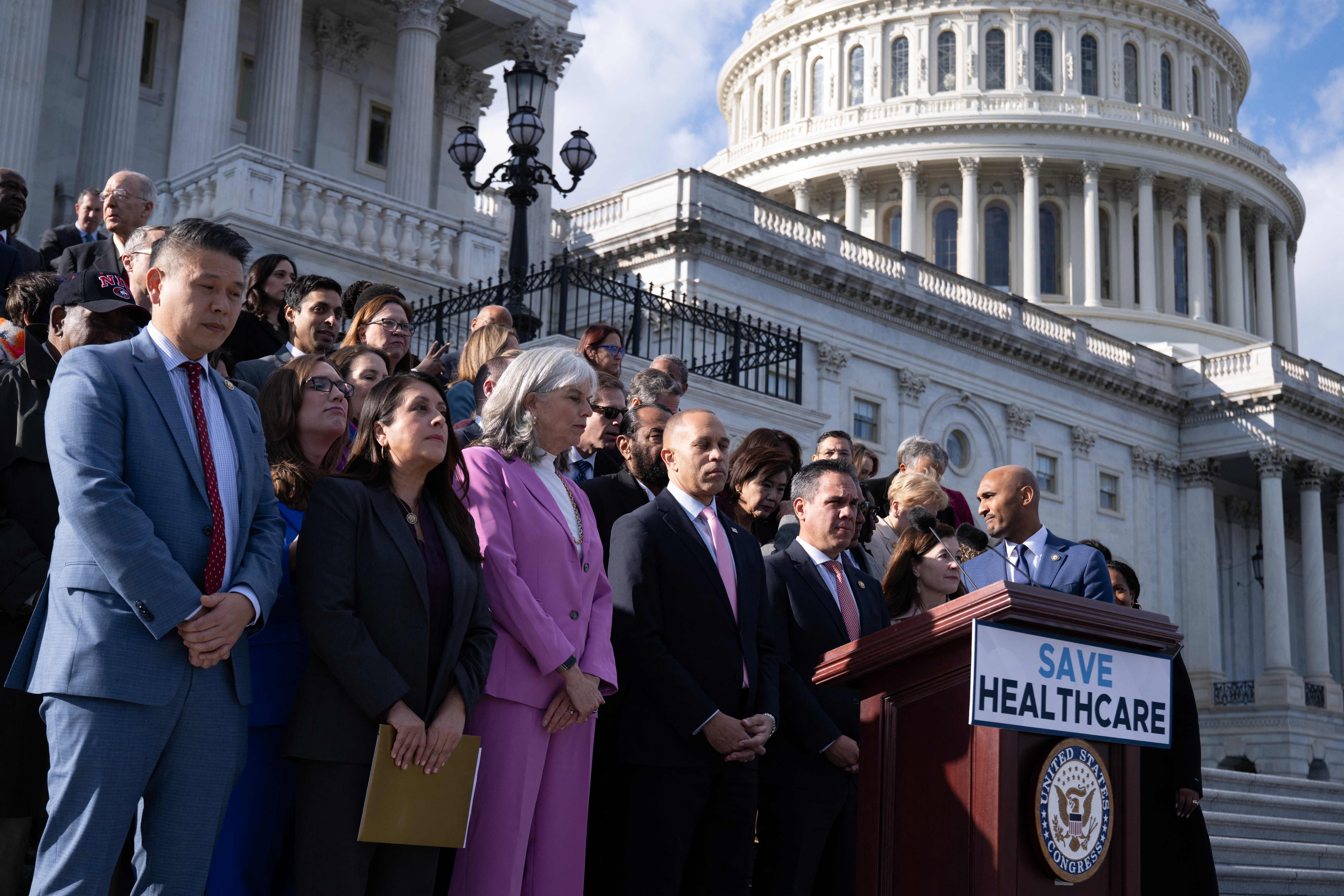 House Minority Leader Hakeem Jeffries, D-N.Y., leads a news conference with Democratic members of the House of Representatives about health care and the planned vote to end the government shutdown outside the US Capitol in Washington, DC, November 12, 2025.